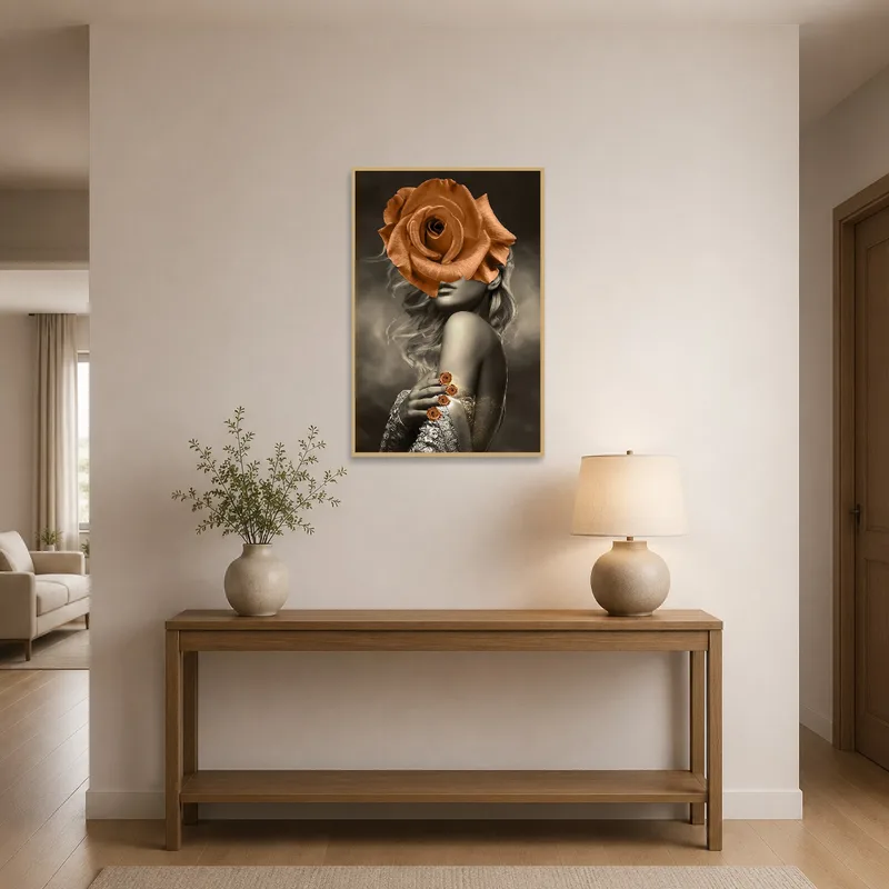 Artistic surreal portrait with roses displayed in an entrance-hallway.