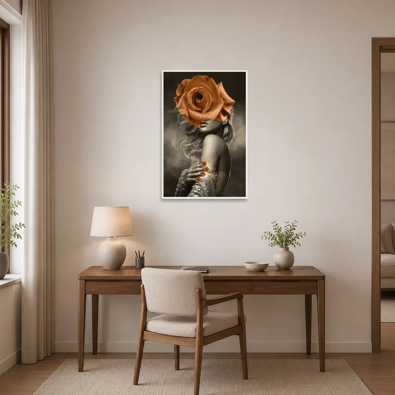 Intriguing surreal portrait with rose features in a stylish home-office.