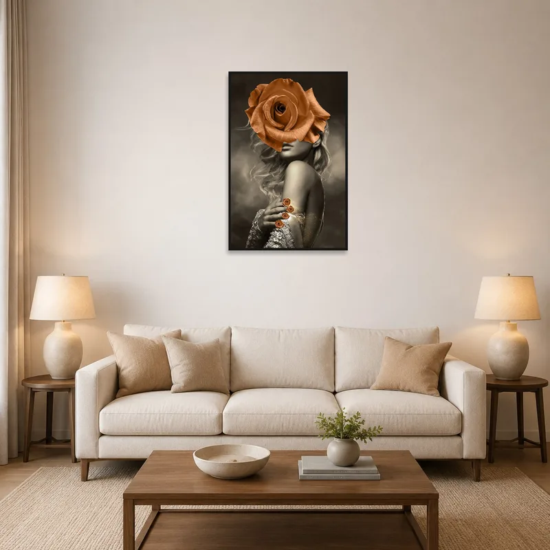 A surreal portrait with rose motifs hangs above a modern living-room sofa.