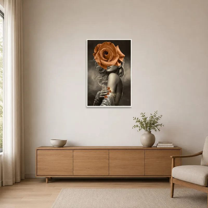 A surreal portrait with rose elements on a blank minimalist wall.