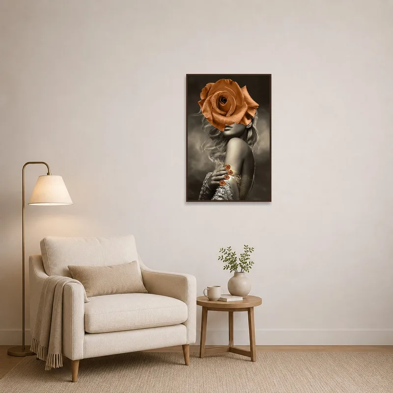Surreal portrait featuring roses adds charm to a cozy reading corner.