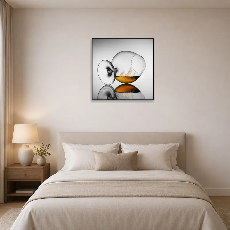 Surreal Sailing in a Glass print hanging over the bed in the bedroom.