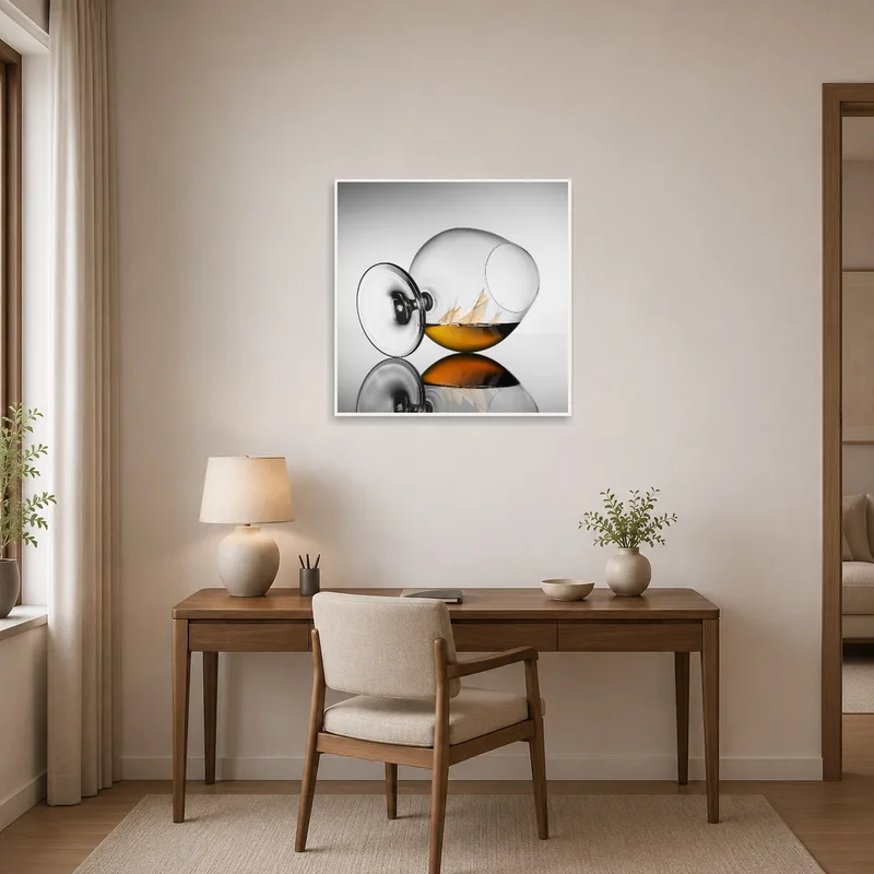 Surreal Sailing in a Glass print on the wall above a desk in the home office.