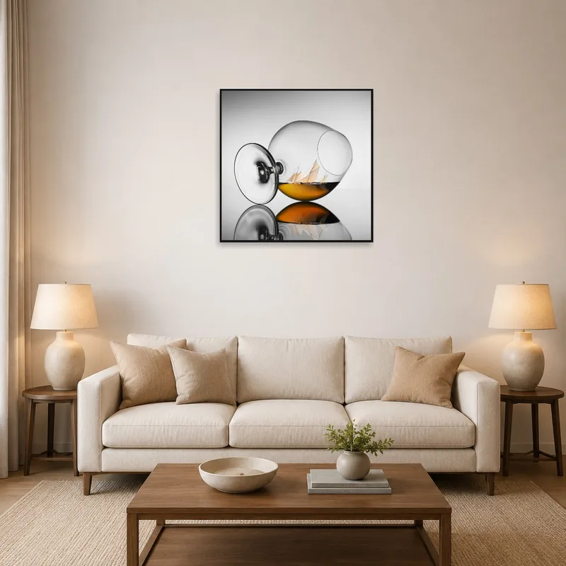 Surreal Sailing in a Glass print on living room wall above a modern sofa.