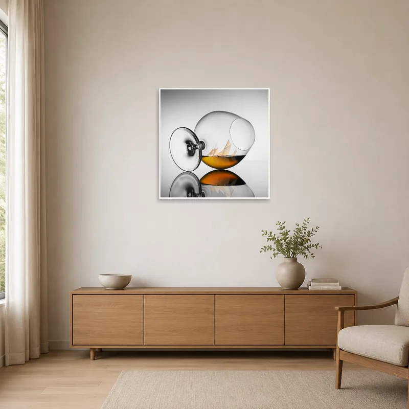 Surreal Sailing in a Glass print in a minimalist room with stark white walls.