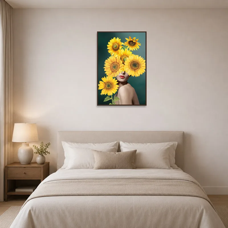 Sunflower fusion portrait creating an artistic focal point above a bed.