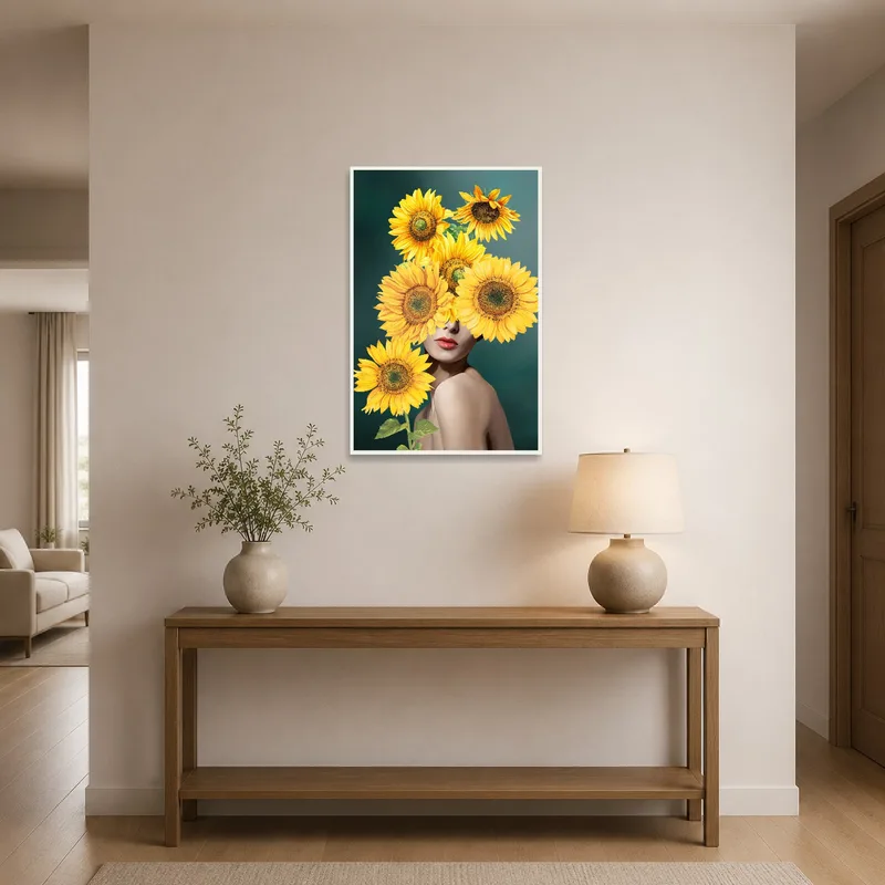Artistic sunflower portrait welcoming guests in a stylish entrance hall.