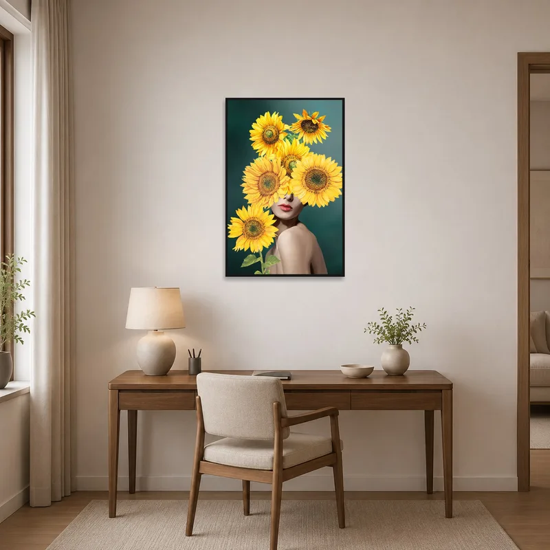 Surreal sunflower art infusing creativity into a home office workspace.