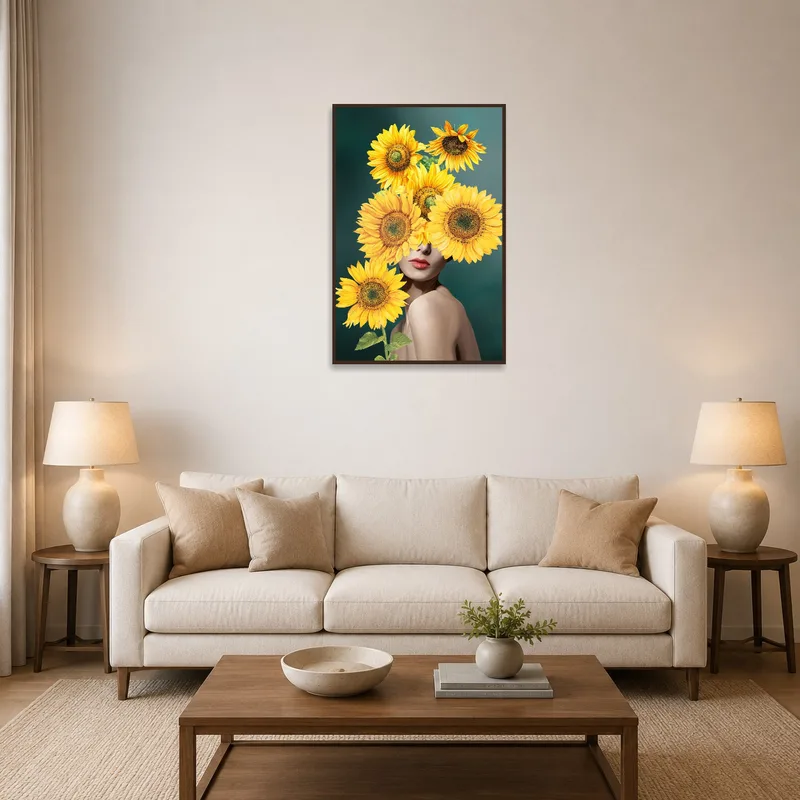 Surreal sunflower portrait art print above a modern sofa in a living room.