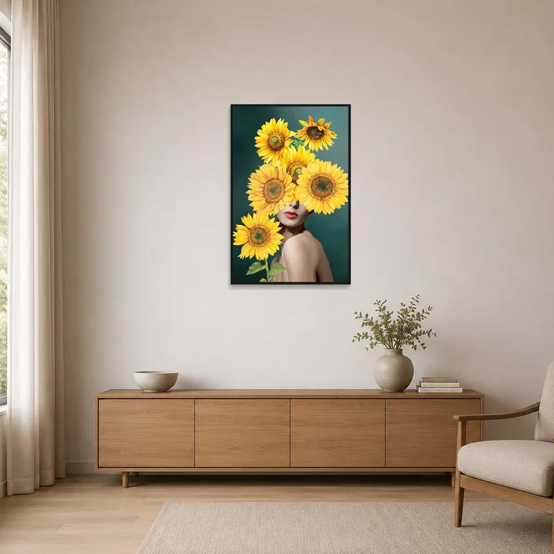 Sunflower fusion print on a clean white wall accentuating minimalist decor.