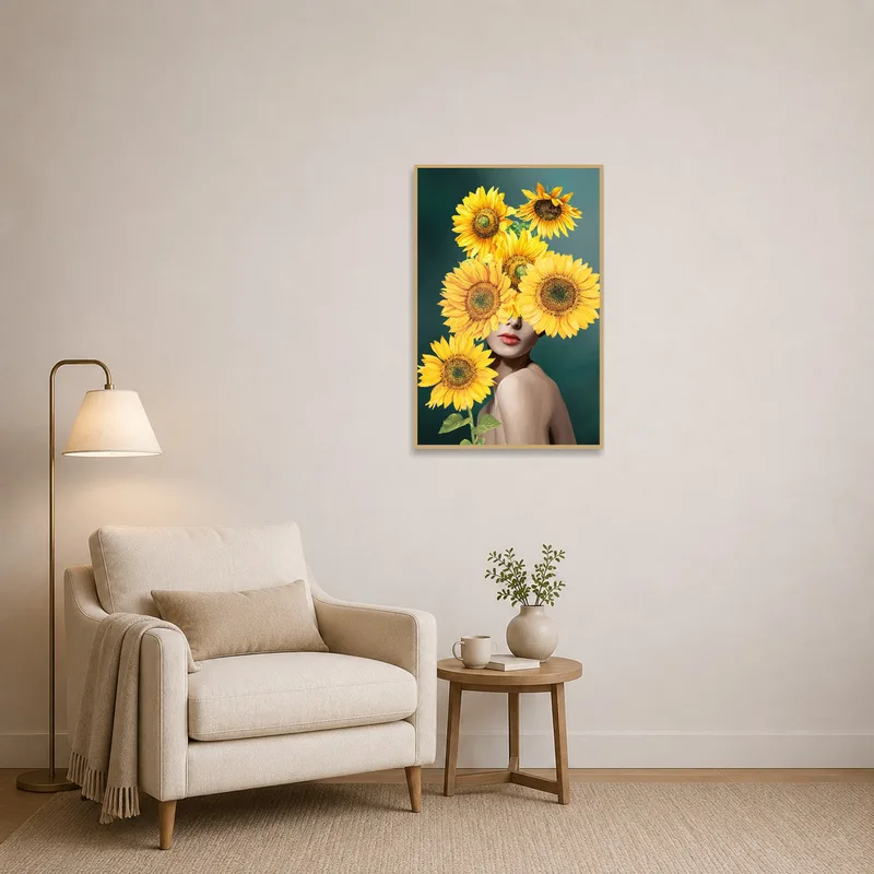 Sunflower print adding vibrant charm next to a cozy armchair in a reading corner.