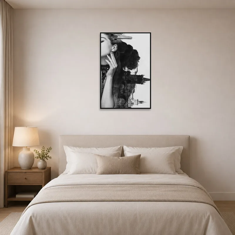 A bedroom wall displays the woman profile collage, infusing an urban aura into the serene space.