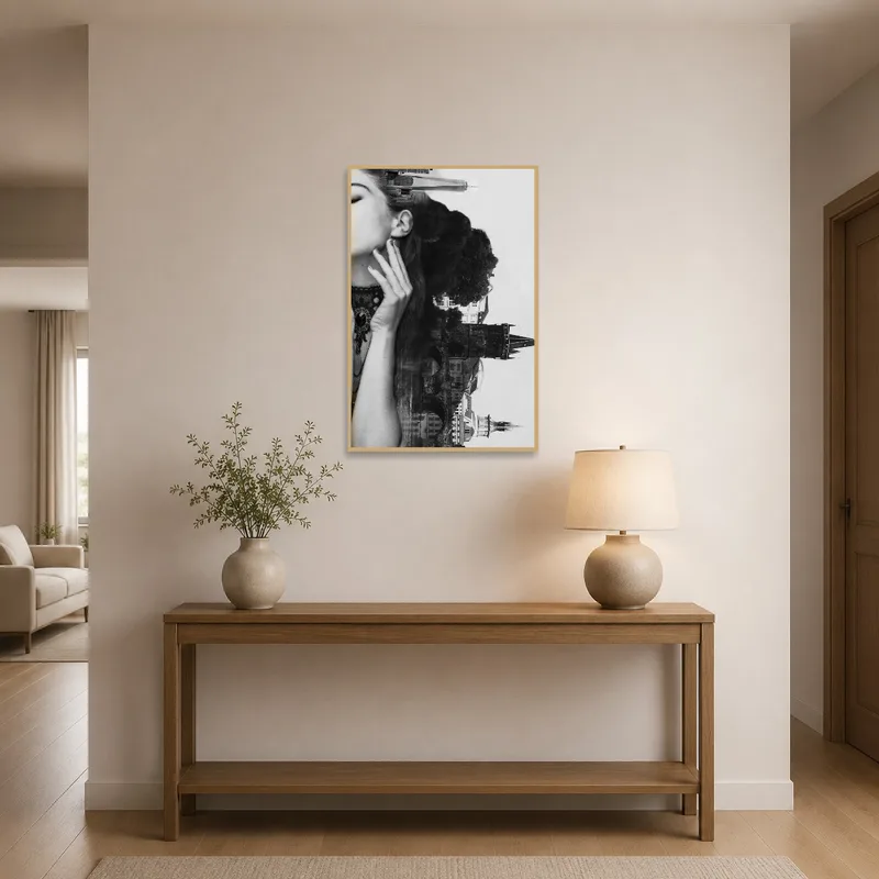 An entrance hall showcases a woman profile collage, welcoming guests with urban surrealism.
