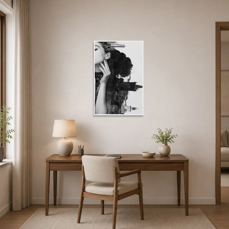 The home office is enlivened by a surreal urban collage with a woman's profile on the wall.
