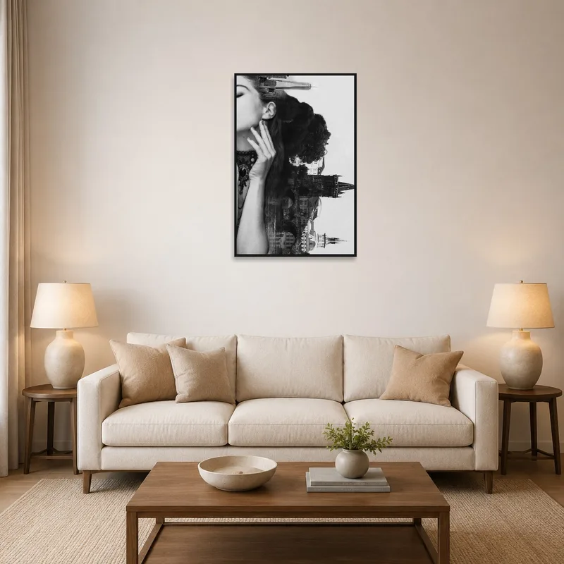 Surreal urban collage with a woman's profile adorns a living room wall above a modern sofa.