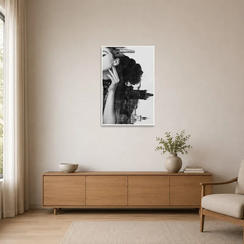 A minimalist room features a surreal urban collage of a woman's profile on a stark, clean wall.