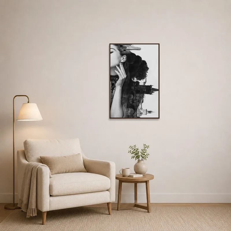 In a reading corner, the woman profile collage adds a dreamy urban touch to the cozy nook.