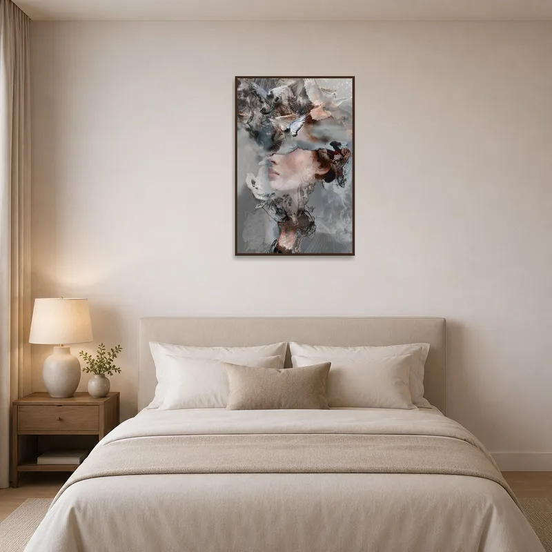 The serene artwork visible above a bed in a tranquil bedroom setting.