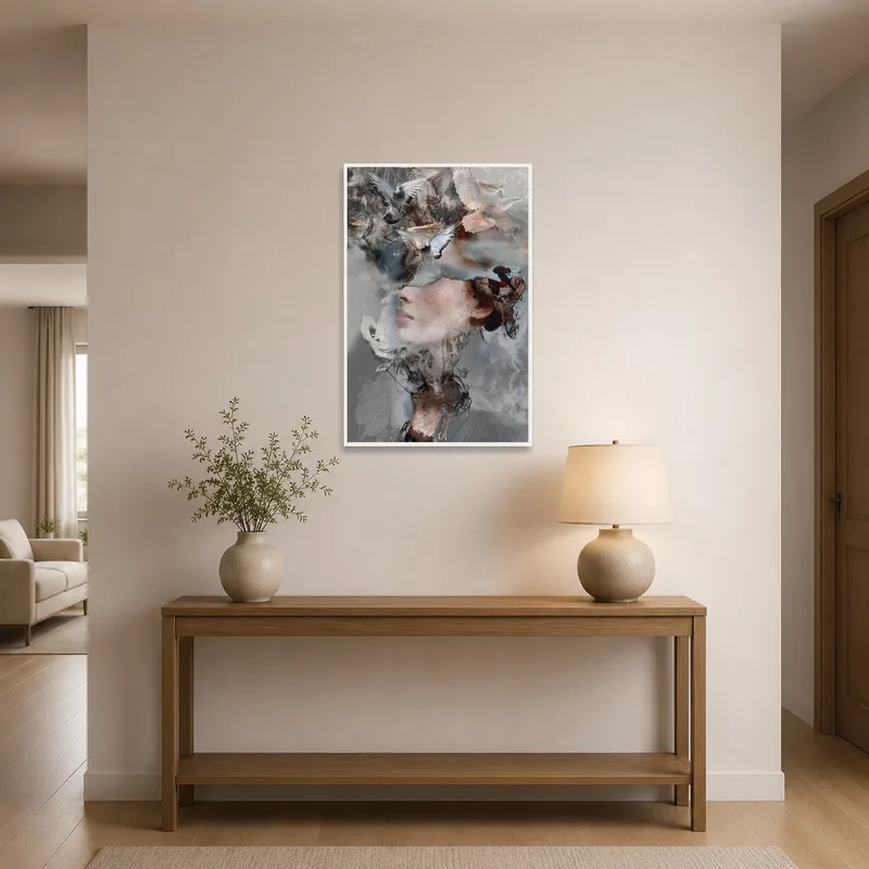 Artwork hung in a bright entrance hall with a welcoming ambiance.