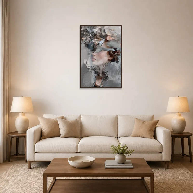 Surreal Vision artwork displayed above a sofa in a cozy living room.