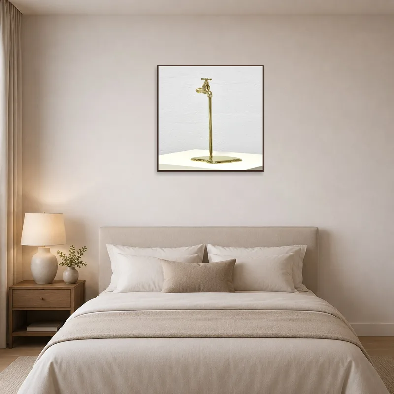 Brass faucet sculpture adds unique touch to bedroom ambiance.