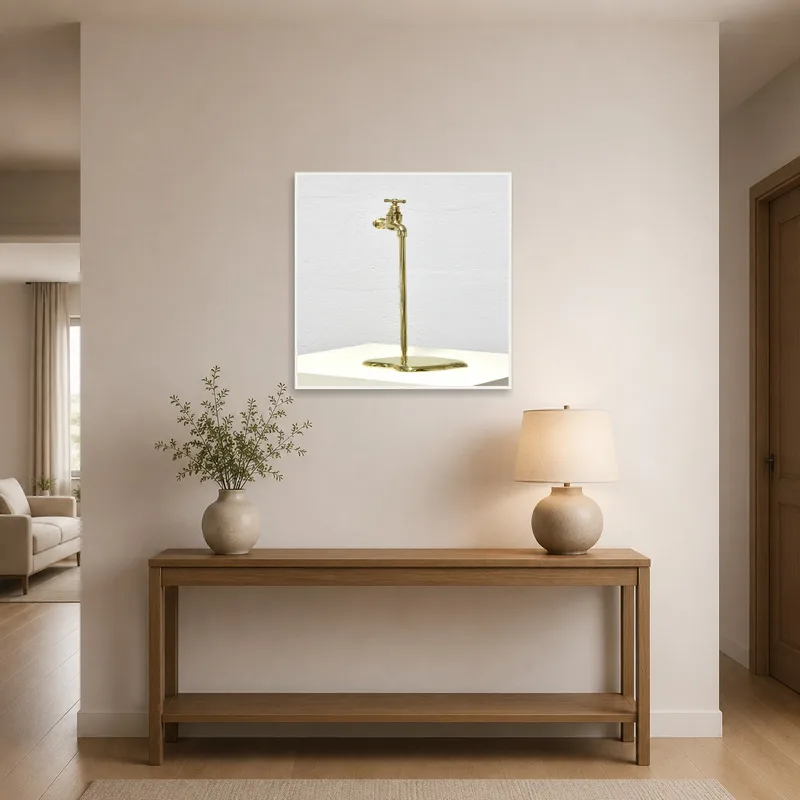 Entrance hall feature: eye-catching brass faucet sculpture.