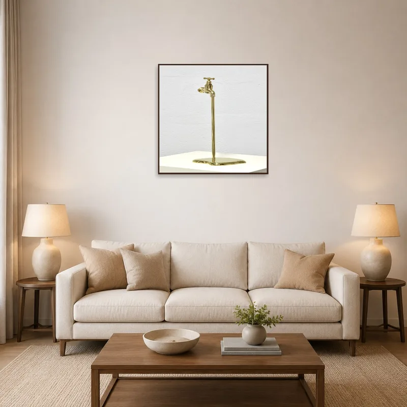 Brass faucet sculpture adds intrigue to living room diversity.