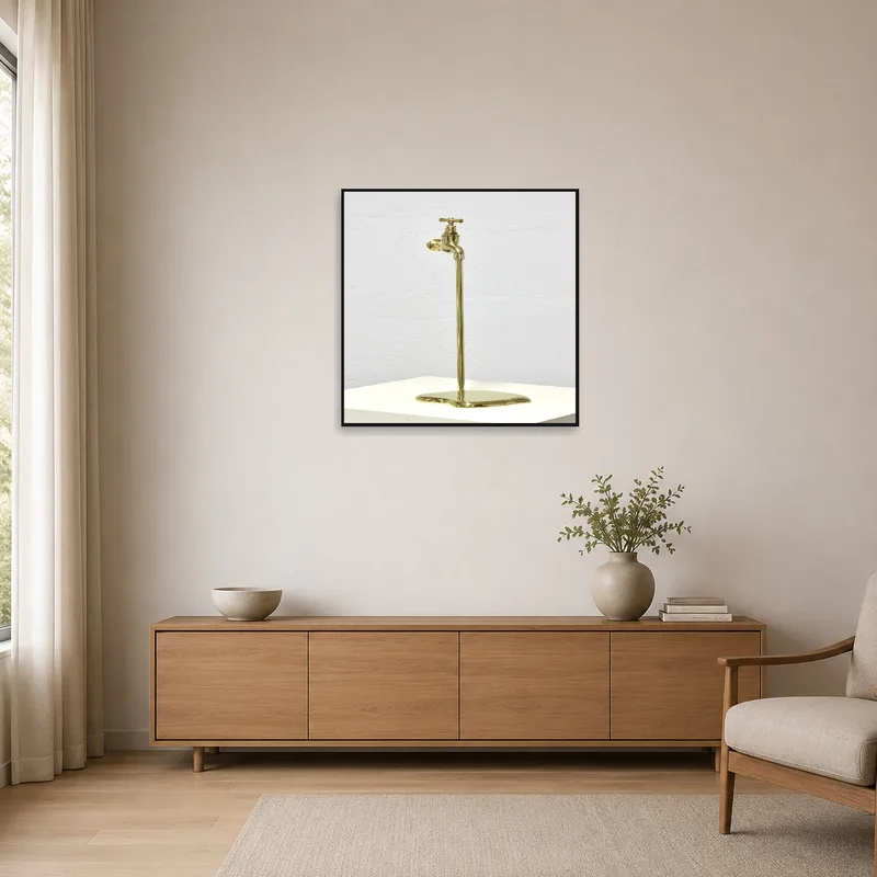 Minimalist room enhanced by a striking brass faucet sculpture.