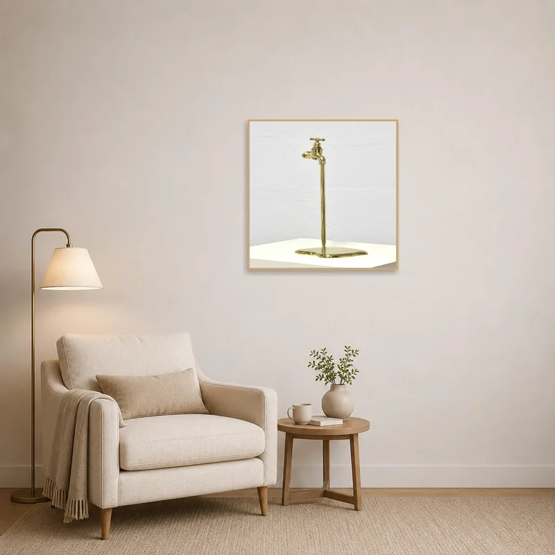 Reading corner with surreal brass faucet sculpture centerpiece.