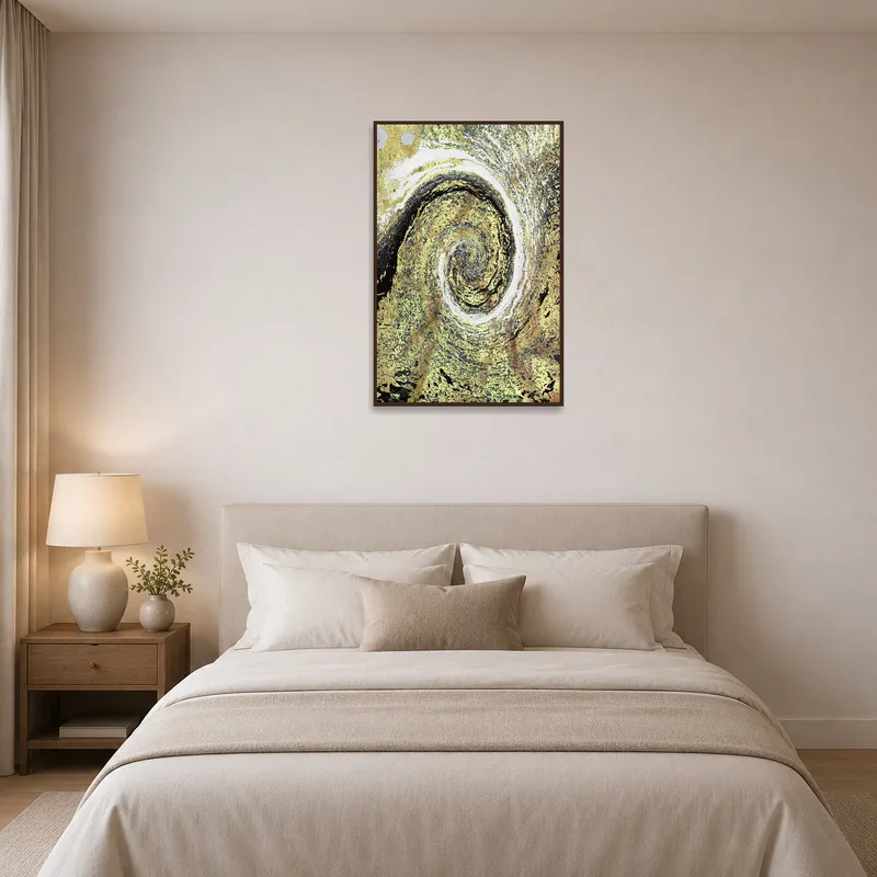 Bedroom wall adorned with swirling gold and earth tones abstract art above the bed.