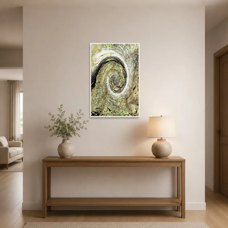 Entrance hall featuring swirling gold and earth tones abstract art greeting visitors.