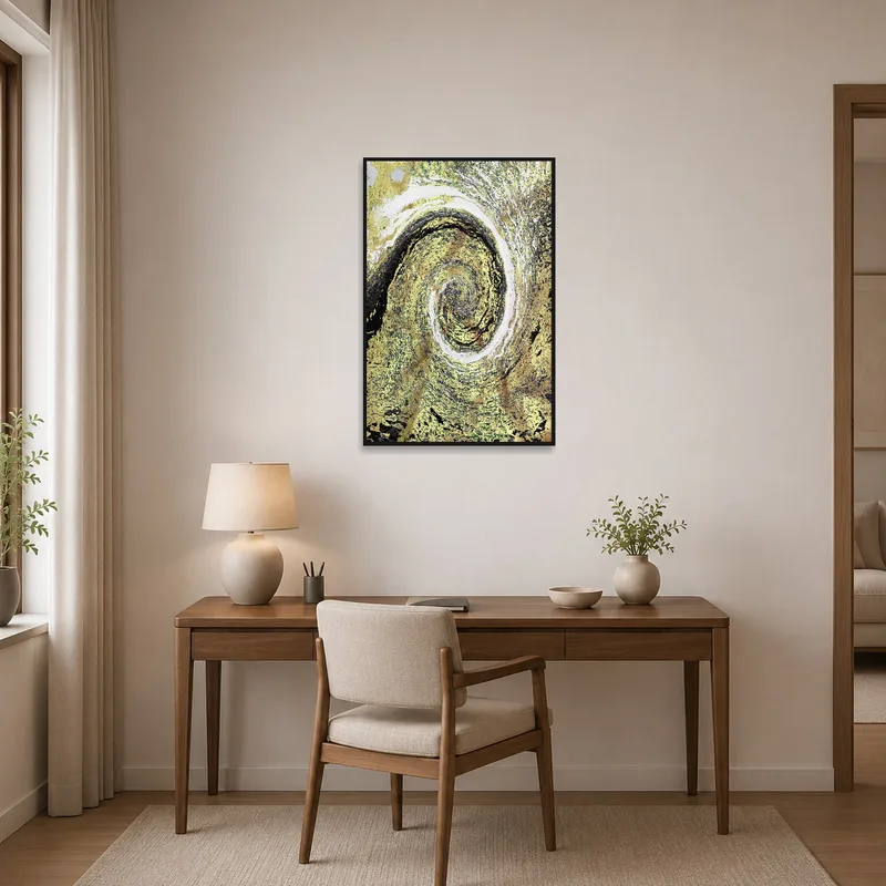 Home office featuring swirling gold and earth tones abstract art adding a touch of elegance.