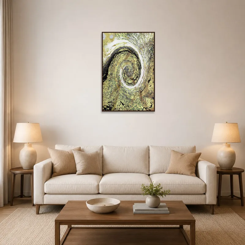 Swirling gold and earth tones abstract art on a living room wall beside a cozy sofa.