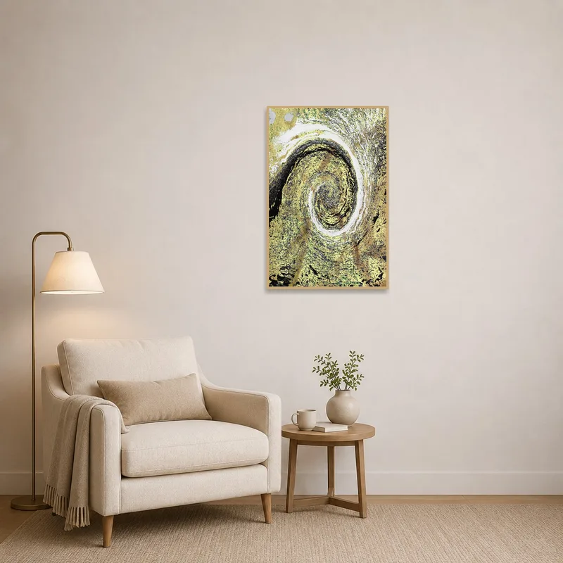 Reading corner enhanced with swirling gold and earth tones abstract art for a tranquil vibe.
