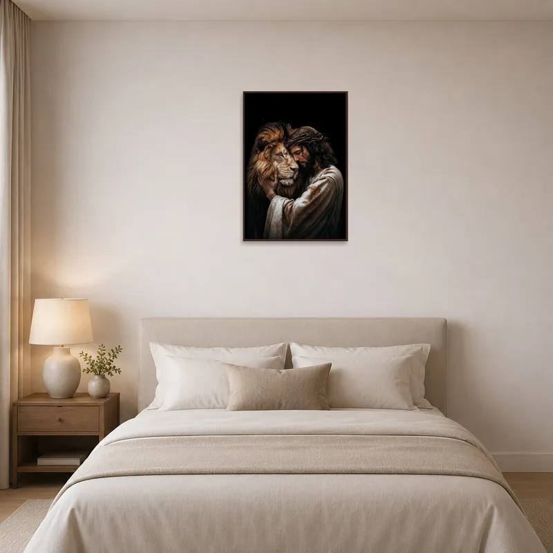 Man and lion art print adds character to a bedroom wall.