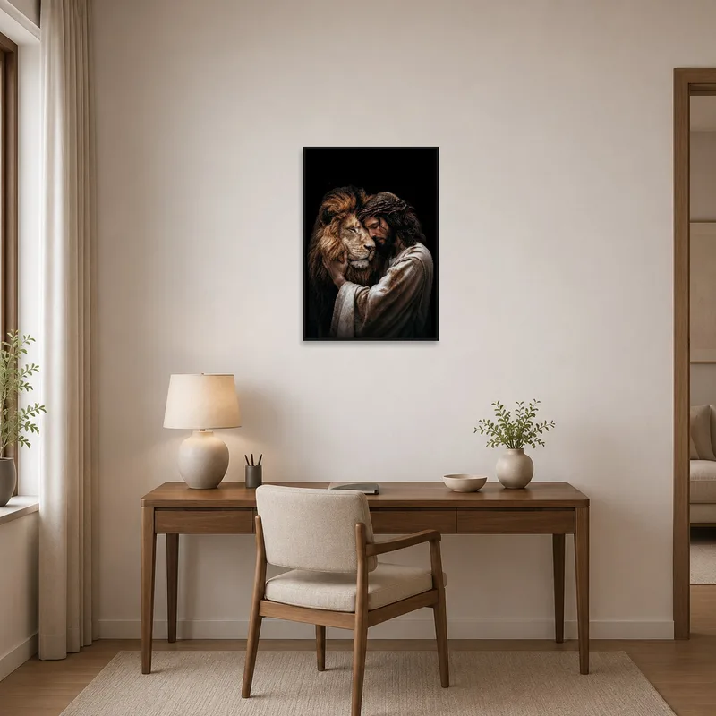 Art print of man and lion brings inspiration to a home office.