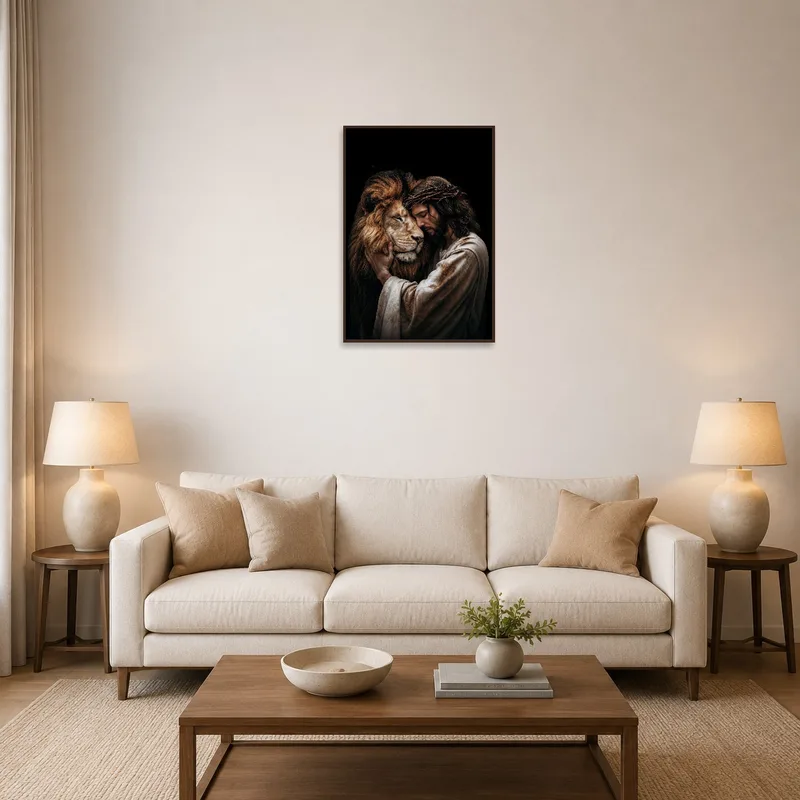 Art print of man and lion on living room wall above a modern sofa.
