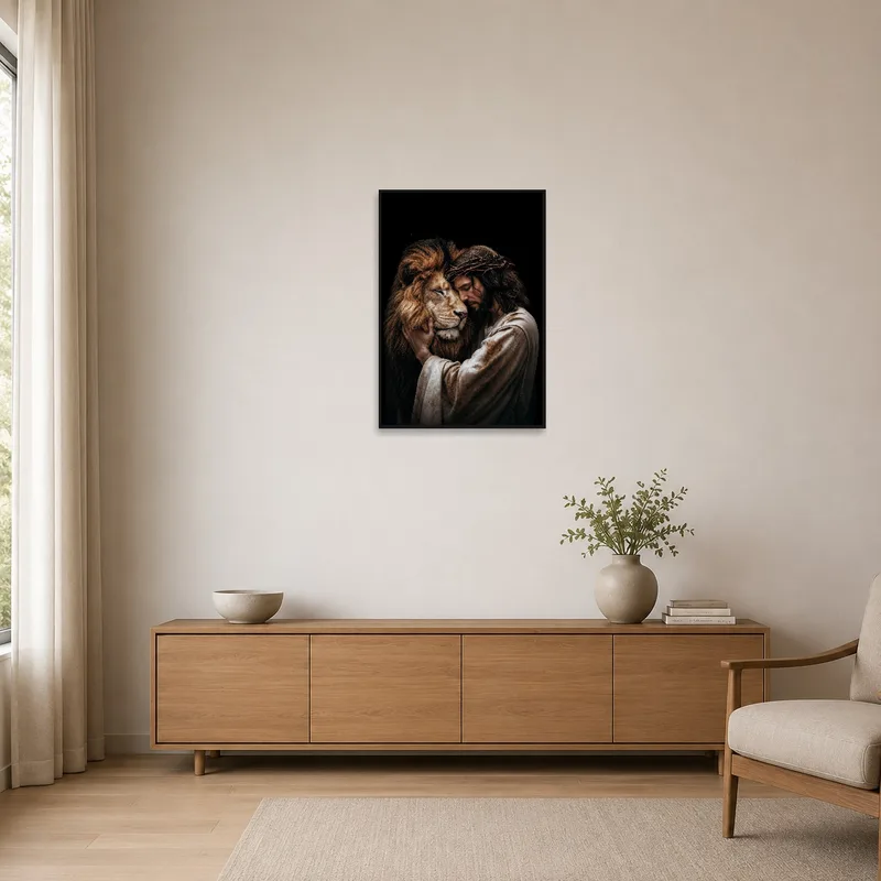 Man and lion art print emphasized in a clean, minimalist space.