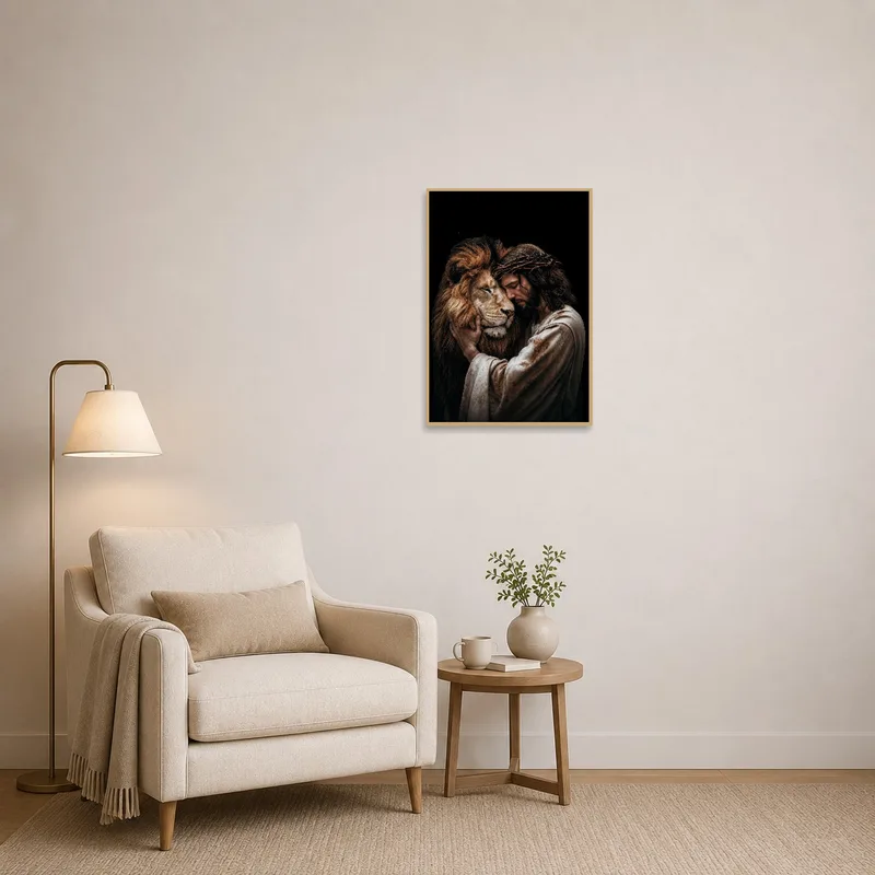 Art print of man and lion enhances a cozy reading corner.