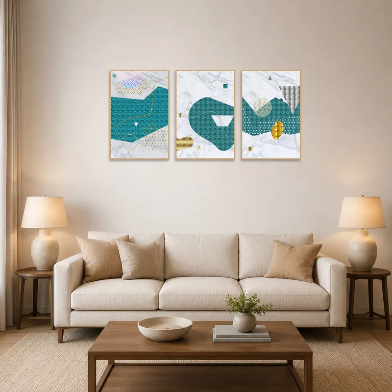 Teal and gold abstract triptych art set adorns a stylish living room wall.
