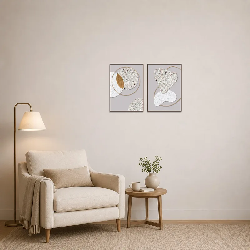 Cozy reading corner adorned with terrazzo and gold abstract art.