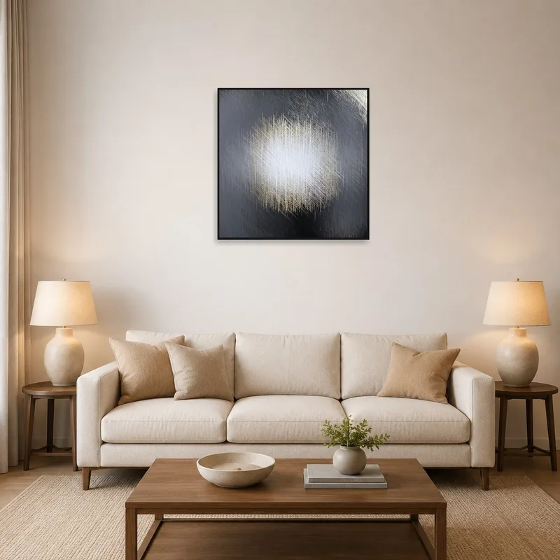 A textural abstract canvas with metallic hues displayed above a modern sofa in a chic living room.