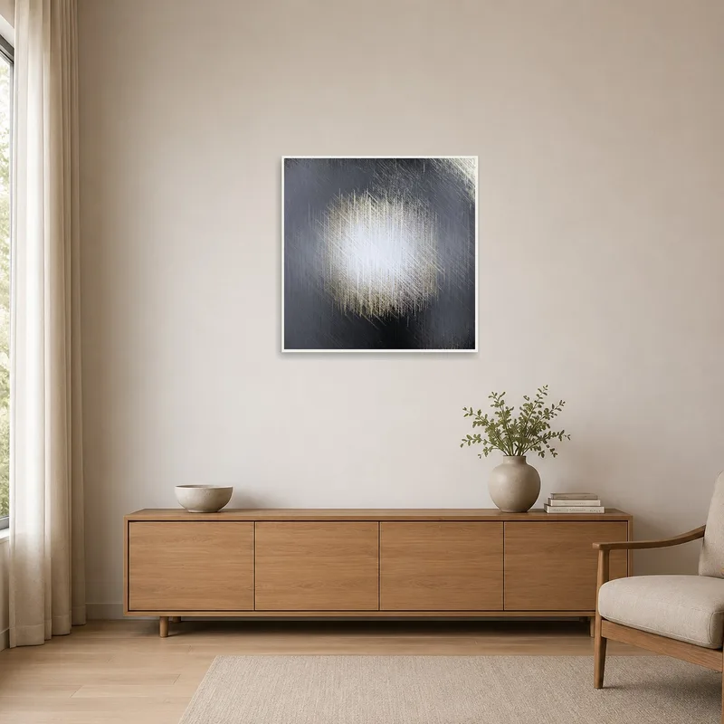 A textural abstract canvas with metallic hues adding interest to a clean, minimalist space.