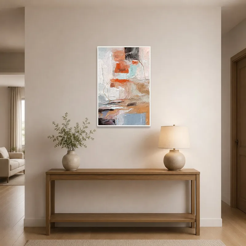 Earthy toned abstract artwork in an entrance hall, adding warmth and a welcoming vibe to the space.