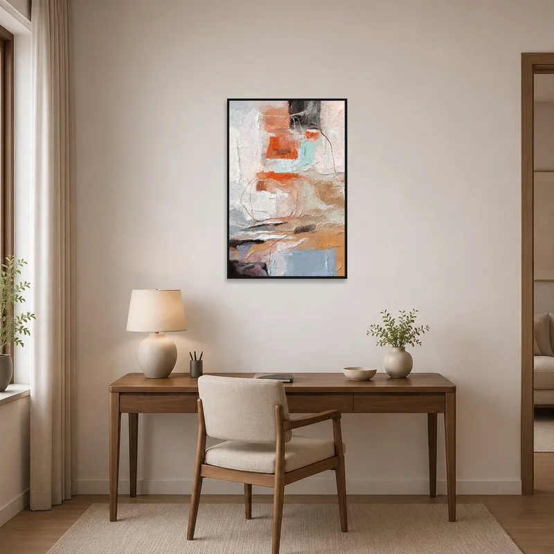 Home office with abstract art piece in earthy tones, inspiring creativity in a modern workspace.
