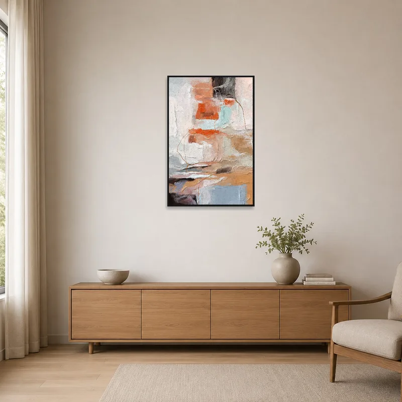 Minimalist room with textured abstract art in earthy colors, enhancing the sleek and simple decor.