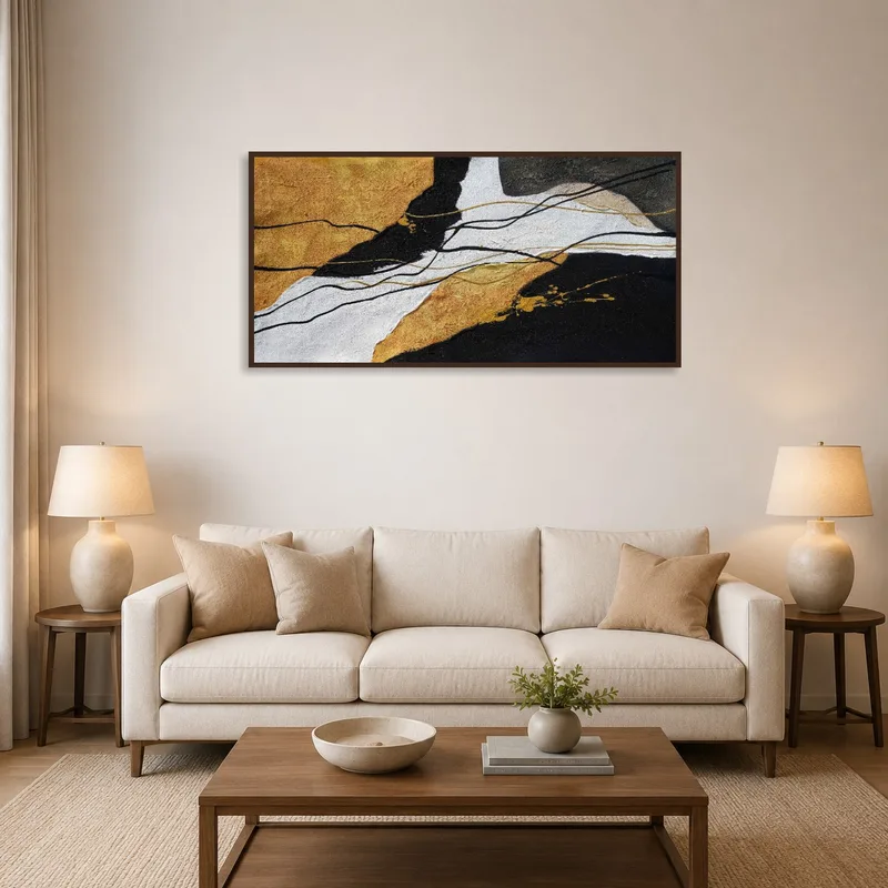 Textured abstract art with gold accents above a cozy living room sofa.