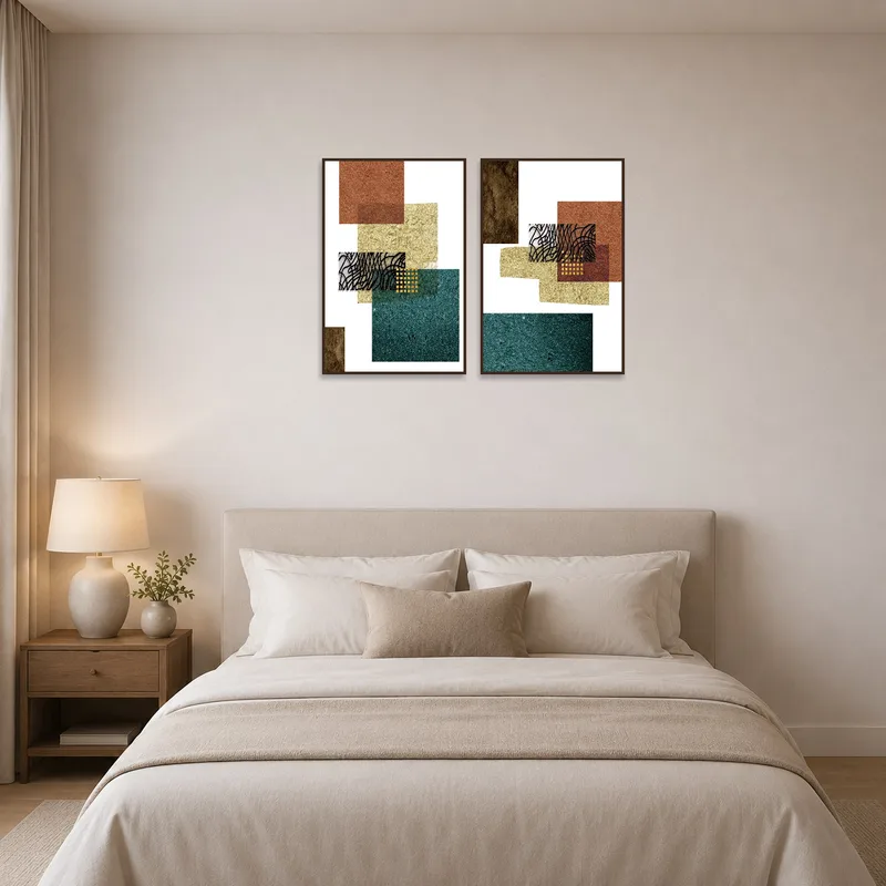 Bedroom wall featuring two abstract geometric pieces.