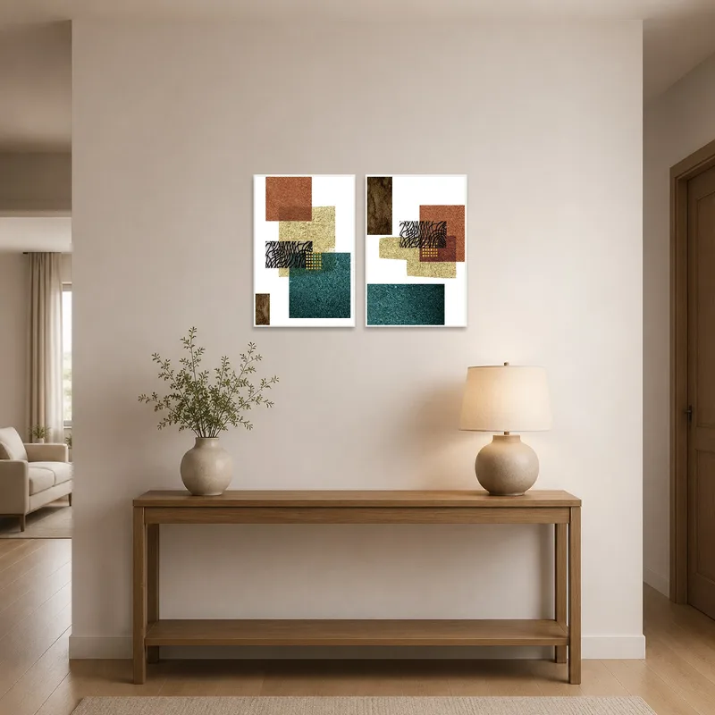 Textured abstract geometric set of two in an entrance hall.