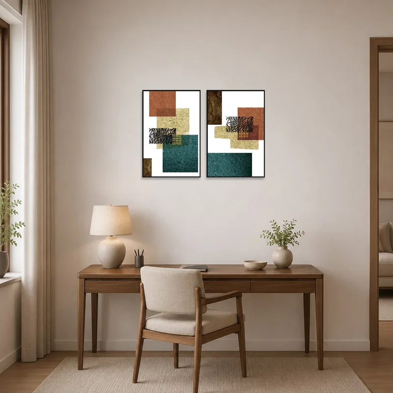 Home office adorned with two textured abstract geometric artworks.